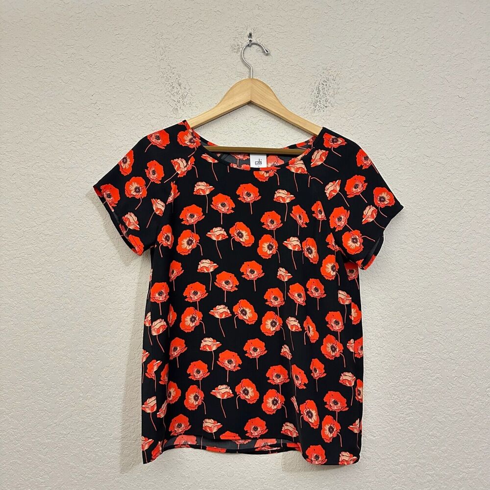 CABI #3251 Flanders Floral Poppy Short Sleeve Blouse w Split Back in Multi